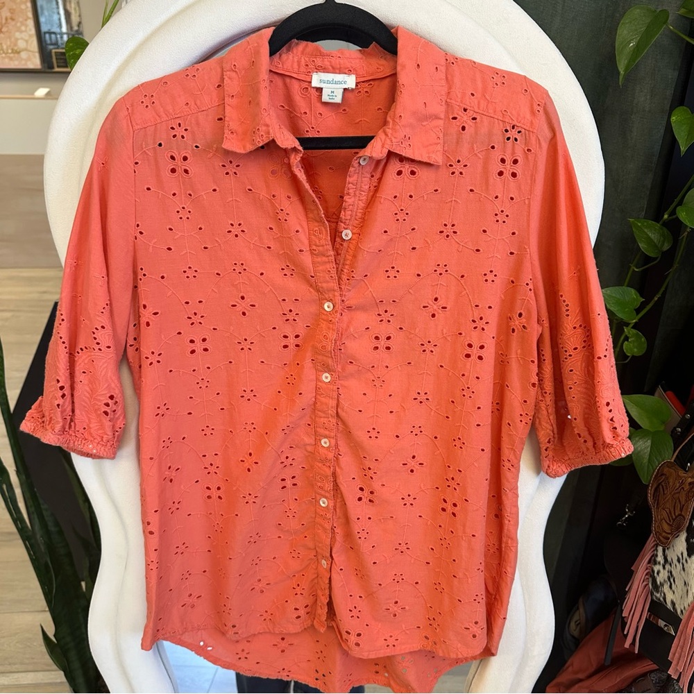 Sundance Coral Eyelet Button-Up Blouse